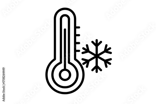 Modern thermometer with snowflake icon, cold temperature symbol, weather forecast design element, outline style vector graphic for apps, cards, social media, transparent background, cartoon set