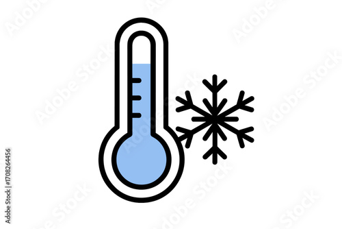 Modern thermometer icon with blue cold temperature and snowflake, winter weather symbol, cold climate indicator, outline style vector cartoon illustration for apps, social media, design cards