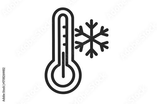 Cold weather thermometer icon with snowflake. Low temperature symbol, winter season, frost and chill indicator. Vector outline design for apps, web, adverts, cards, and graphics.