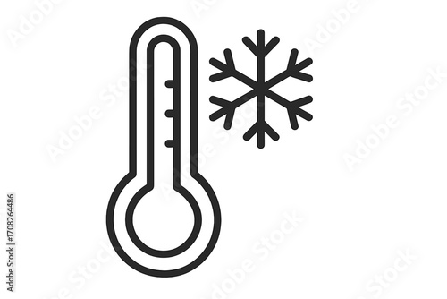 Thermometer and snowflake cold weather icon, temperature low symbol, winter weather forecast, frost and freezing climate sign, outline vector graphic for design, apps, adverts, cards