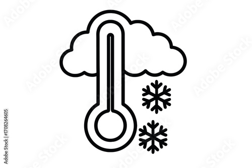 Thermometer with snowflakes and cloud outline, cold weather icon, frost temperature symbol, winter forecast vector, chilly climate sign, cartoon transparent background