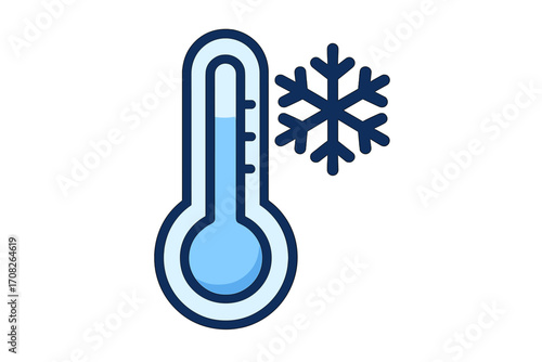 Thermometer with snowflake symbol, cold temperature, freezing climate icon, winter weather indicator, low temperature gauge, cartoon vector illustration for apps, web design, adverts, cards