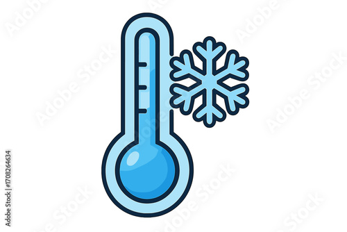 Cold temperature thermometer with snowflake icon, freezing weather symbol, winter climate indicator, cold condition sign for graphic design, apps, adverts, seasonal cards vector illustration