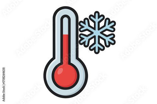 Thermometer with snowflake icon cold weather symbol, temperature gauge low heat, frost indicator, winter climate, freezing condition, cartoon vector illustration design for apps, adverts, graphics
