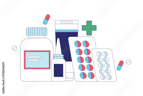 Medicine with Vial and Tablet or Pills in Blister Pack Vector Illustration