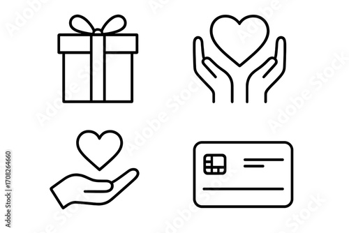 Time, gem, health, donation, gift, and credit card line icon bundle. Outline vector signs for graphic design, web apps, adverts, charity, finance, love care illustrations