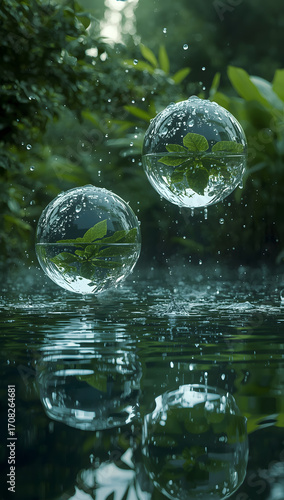 Surreal Water Droplets with Green Leaves in Nature