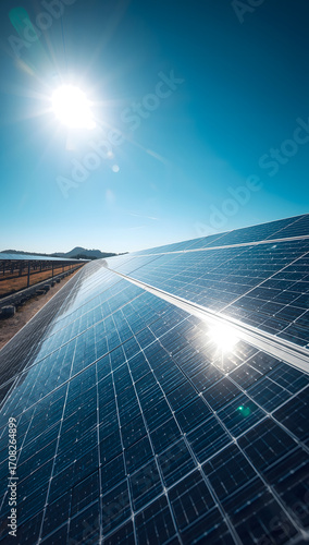 Solar Panels Under Bright Sunlight in Renewable Energy Farm
