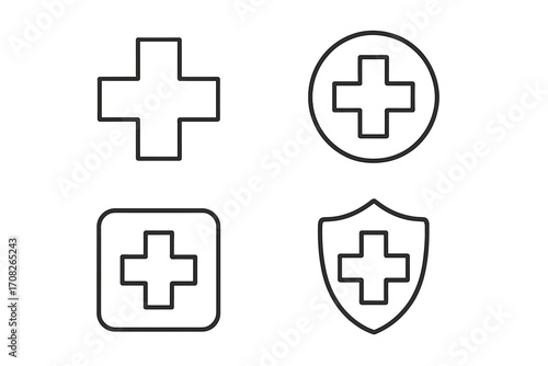 Minimalistic medical cross icon set with linear design, including shield, circle, and rounded square frames for healthcare, apps, social networks, and banners, vector illustration