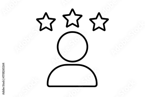 User profile icon with three stars above head, rating symbol, outline avatar vector for graphic design, web, apps, adverts, UI elements, cartoon style transparent background
