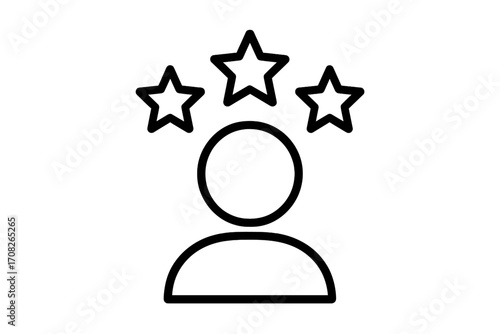User icon with three stars above head, rating symbol, customer review concept, graphic outline vector for web design, apps, advertisements, user feedback, quality evaluation, transparent background