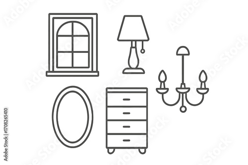 Window, lamp, mirror, dresser, chandelier icons bundle with thin editable stroke lines, vector cartoon illustration for websites, apps, books, cards, home decor design elements