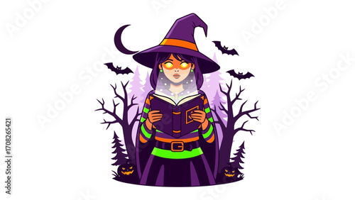 Witch Reading Spell Book: A captivating illustration depicts a young witch engrossed in a spellbook, set against a spooky backdrop of bats and trees under the crescent moon.
