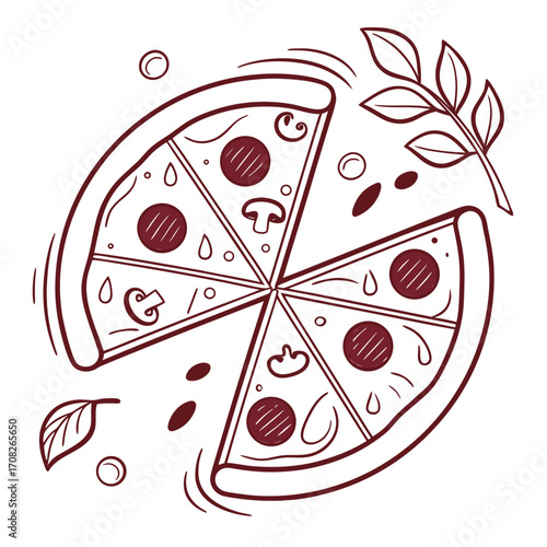 Artistic monochrome drawing of a freshly baked pizza cut into five appetizing slices, perfect for food-related designs