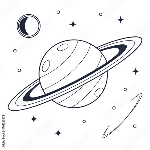 Saturn Planet Line Art with Rings and Space Elements Illustration