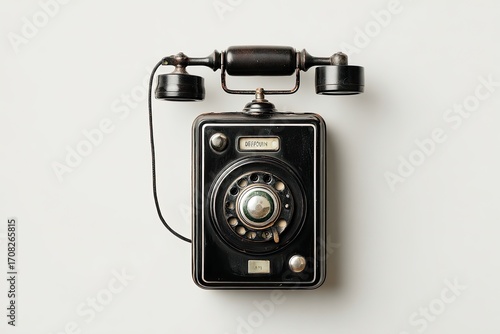 Vintage black wall phone.  Top-down view of a dark antique wall phone with a rotary dial.  Handset extends from the top.  Simple, clean, classic design against a light gray background