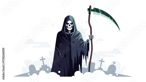 Grim Reaper with Scythe in Cemetery: The Grim Reaper, shrouded in a dark cloak, stands in a spooky graveyard, scythe in hand, against a backdrop of ominous tombstones and an atmosphere of foreboding.