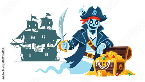 Mystic Pirate's Treasure: A ghostly pirate, with a cutlass, stands sentinel over his riches, while his ship sails in the distance, inviting viewers to embark on an adventure.