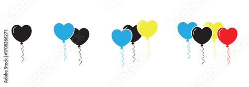 Balloon in cartoon style. Bunch of balloons for birthday and party. Flying ballon with rope. Blue, red, yellow and green ball isolated on white background. Flat icon for celebrate and carnival.