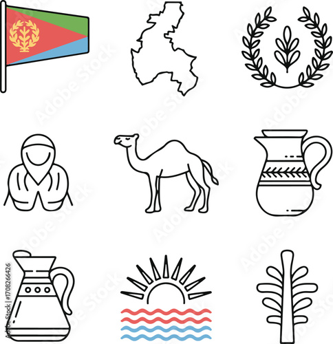 Hand-Drawn Eritrea Travel and Identity Icons Pack Flag, Map, Olive Wreath, Camel, Coffee Pot, Sun, Waves, and National Heritage Symbols