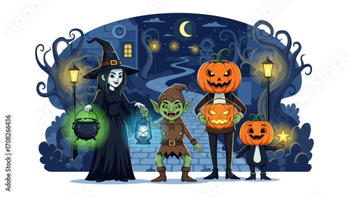 Spooky Halloween Gathering: A whimsical Halloween scene depicts a playful witch, an mischievous elf and pumpkin-headed figures in a festive night setting.