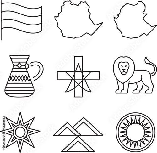 Hand-Drawn Ethiopia Travel and Identity Icons Pack Flag, Map, Coffee Pot, Lion, Cross, Sun, Mountains, and Heritage Symbols