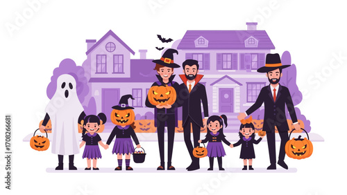 Halloween Gathering: A festive scene unfolds as a group of people in diverse costumes, from witches to ghosts, gathers in front of a spooky-looking house.