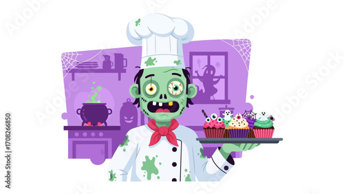 Zombie Chef's Culinary Delights: A quirky zombie chef, adorned in a stained uniform and chef's hat, proudly presents a tray of delightfully spooky cupcakes, perfect for Halloween.