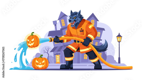 Werewolf Firefighter: A whimsical, digitally-crafted illustration of a courageous werewolf firefighter heroically dousing grinning pumpkin flames.