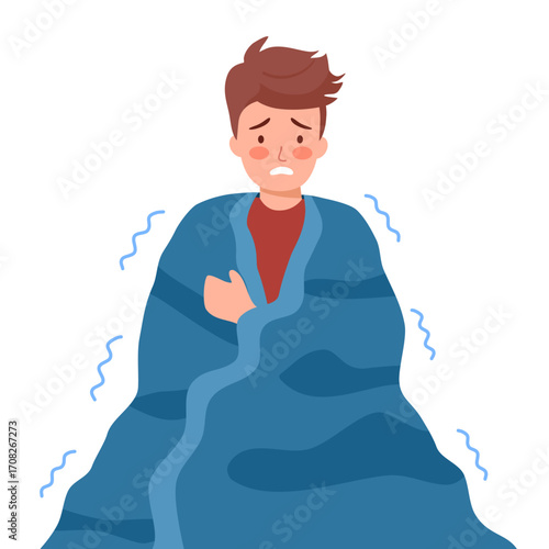 Sick man suffering from flu with scarf and jacket. Boy shivering feeling cold trembling hugging himself. Cold or influenza disease concept. Unwell, weather, ague, chill, fever vector illustration