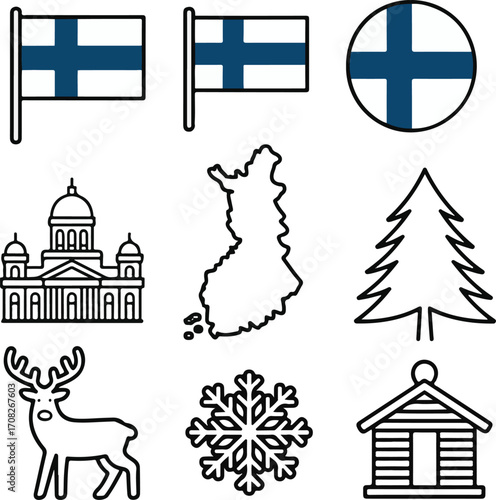 Hand-Drawn Finland Flag and Heritage Icon Pack with Map, Helsinki Cathedral, Reindeer, and Winter Motifs