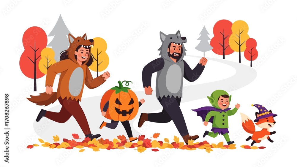 Fototapeta premium Halloween Fun Run: A family revels in Halloween spirit as they embark on a vibrant costume run through a colorful autumnal landscape, full of playful joy.