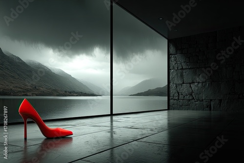 Red high heel shoe on floor, dramatic mountain lake view