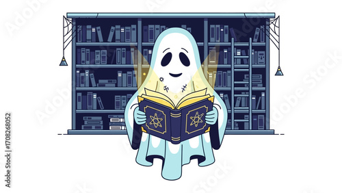 Ghostly Reader in the Library: A friendly ghost finds solace among towering shelves of books, its translucent form illuminated by the pages of a captivating tome.