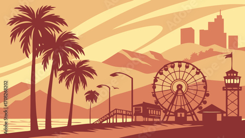 Los angeles skyline framing santa monica piers ferris wheel and iconic palm trees scene. Suitable for travel websites and promotional materials.