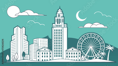 Los angeles skyline captured in dreamlike essence featuring an artistic interpretation of sun, moon, clouds, and mirage. Ideal for travel and fine art projects.