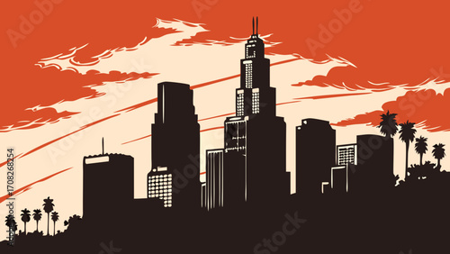 Cityscape of downtown los angeles with iconic palm trees, perfect for travel magazines, websites, and promotional materials. City skyline with palm trees.