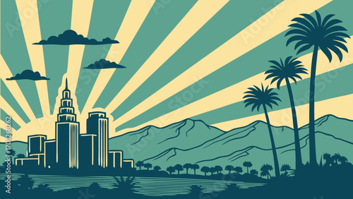 Los angeles skyline featuring palm trees, urban cityscape, distant mountains perfect for travel, tourism, landscapes, urban exploration themed designs.