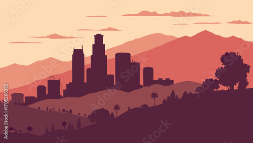 Los angeles skyline cityscape silhouette with hills, trees, and mountains. Ideal for travel, tourism, city themes, and california concepts.