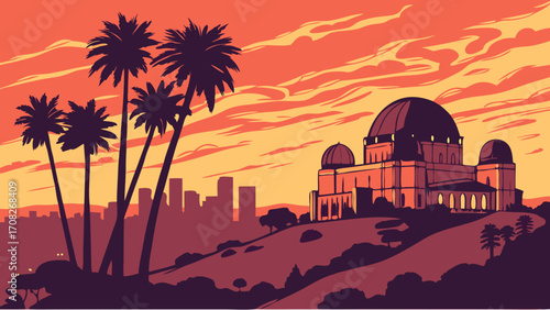 Los angeles skyline with buildings, palm trees, and a vibrant sunset is perfect for travel websites, ads, and publications.