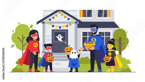 Happy Halloween with Superheroes : A colorful illustration showing a family of superheroes, dressed in costumes, on Halloween night.