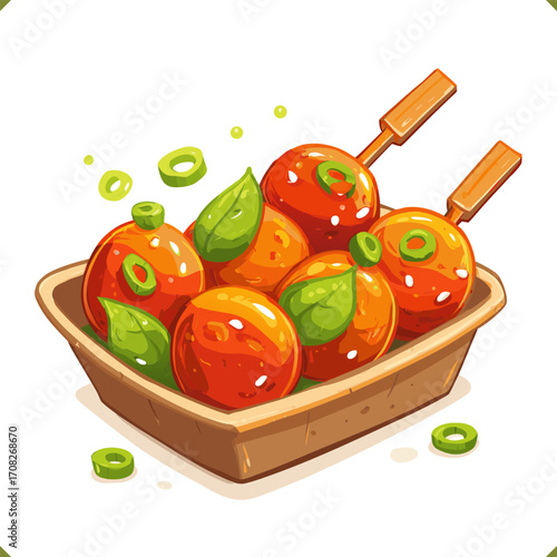 Vector illustration of Korean tteokbokki spicy rice cakes with sauce and garnish isolated on a white background