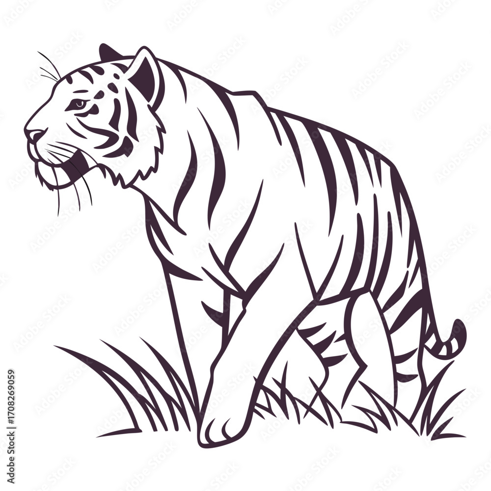 Naklejka premium Majestic Tiger Silhouette Standing Proudly in Lush Grass Illustration