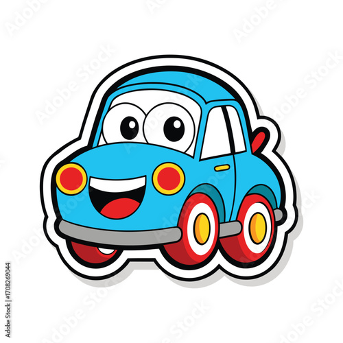 Cartoon blue car sticker with a happy expression.