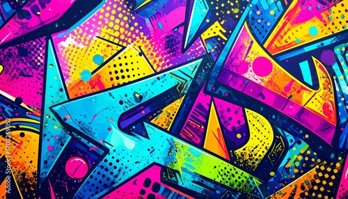 Vivid abstract graffiti with bold shapes, halftones and a vibrant, energetic aesthetic