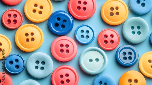 An overhead close up reveals many colorful buttons of various sizes scattered across a soft blue background, providing a playful and vibrant composition.
