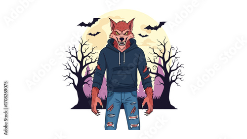 Werewolf in Silhouette: A formidable werewolf stands under the glow of a full moon, its silhouette dramatically framed by bare trees and bats against a mysterious dusk background.