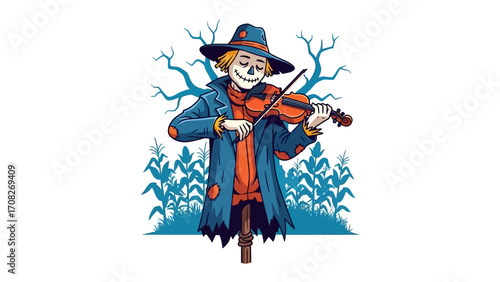 Spooky Serenade: A whimsical scarecrow with a haunting smile strums a violin, evoking a sense of mystery against a backdrop of cornfields and bare trees.