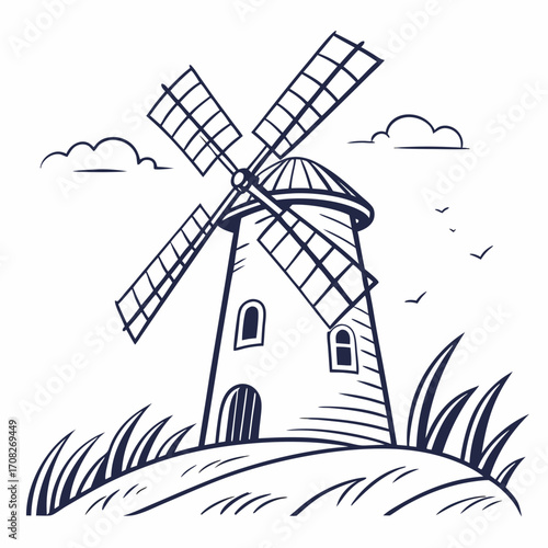Rustic Windmill Concept Line Art Depicting Traditional Farming Landmark with Grassy Landscape