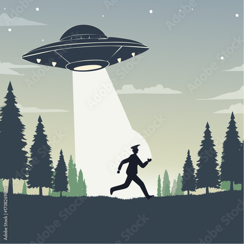Silhouette of Man Running from UFO Landing in Woods